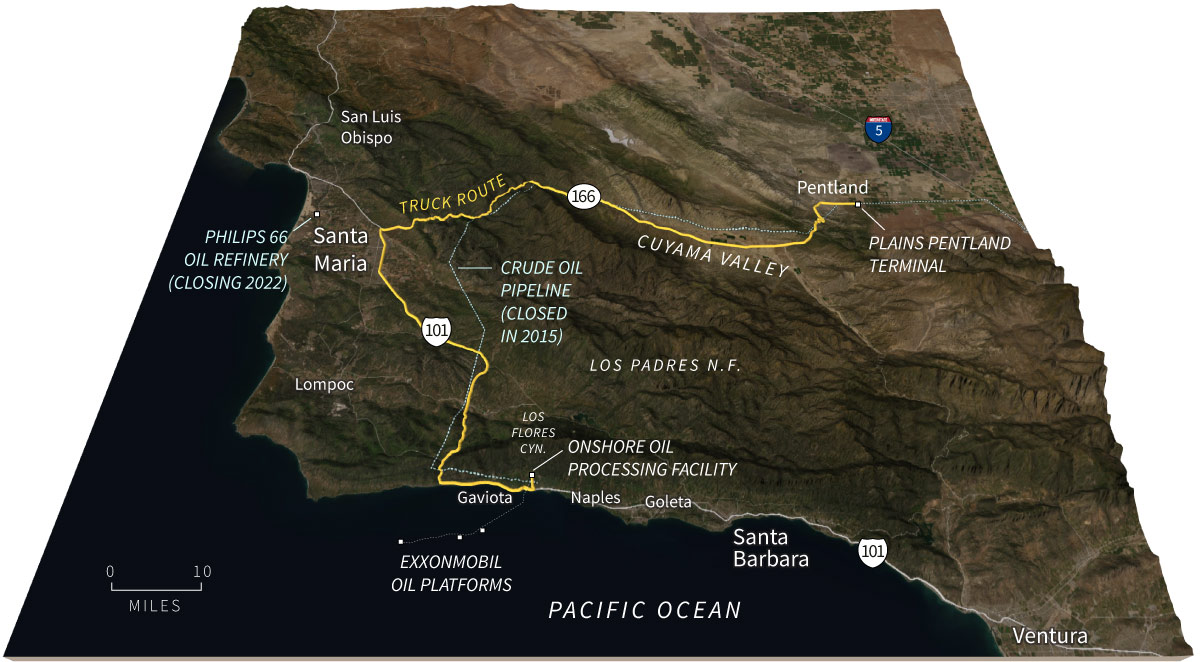 Map: ExxonMobil has sought to transport oil by truck to a refinery in Santa Maria and a pipeline entrance in the Central Valley. Its preferred route to the pipeline terminal uses state Highway 166, a hilly, twisty, two-lane road through the Cuyama Valley. 