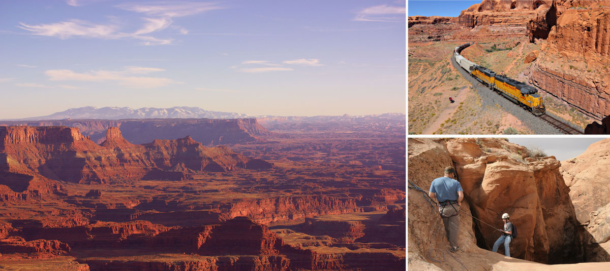 Beyond the otherworldly landscapes of the national parks at Arches and Canyonlands, the public lands around Moab in southeastern Utah contain spectacular vistas like those visible from Dead Horse Point State Park above the Colorado River, left. Extractive industries, embodied by the “Potash Local” train taking minerals to market, upper right, also are part of the region. Lower right, canyoneers outside of Moab.