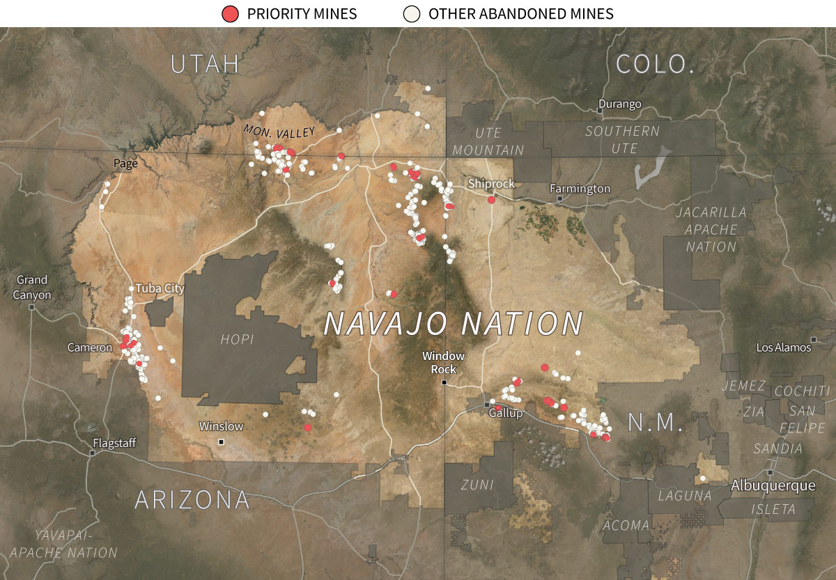 Map of abandoned uranium mines on the Navajo Nation