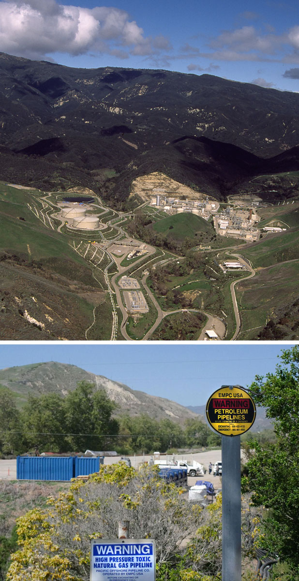 Top: The Las Flores Canyon Processing Facility, where crude oil collected from three offshore rigs was sent by pipeline to refineries; Below: Pipeline signage at the Las Flores facility.