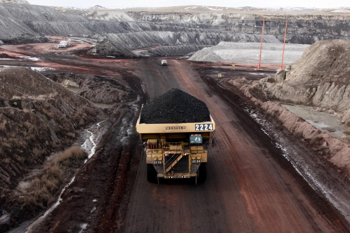 A haul truck ascends from the open pit at the Black Thunder Mine south of Gillette.