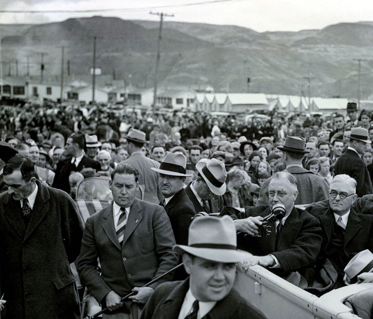 President Franklin D. Roosevelt visiting the construction site of the Grand Coulee Dam in 1937