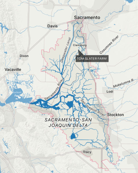 Map of Sacramento-San Joaquin Delta showing location of Tom Slater farm south of Clarksburg, California.