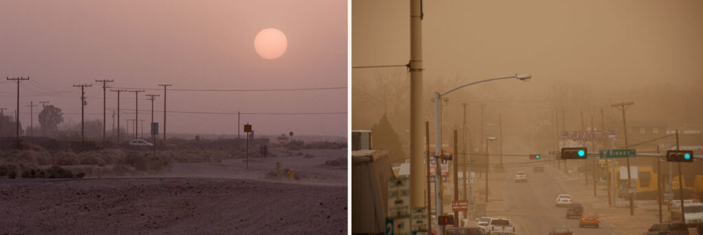 Left, a dust storm in Kern County, California in 2010; right, downtown Denton, Texas during a storm in 2007. David O via Flickr; Rich Anderson via Flickr;