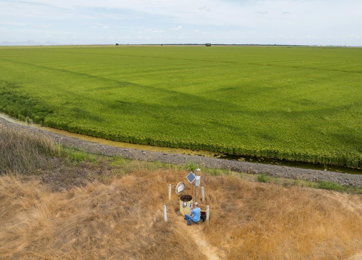 Crews install a new groundwater level monitoring well in Tracy, California, on September 5, 2023.