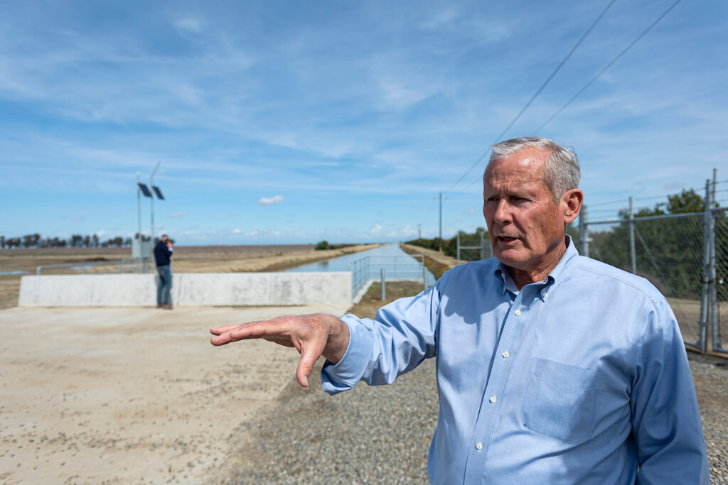 Don Cameron, general manager of Terranova Ranch is pictured at the headgates of this groundwater recharge system designed to divert floodwater from the Kings River to areas of Terranova Ranch in Fresno County. (Photo Taken March 13, 2023)

Andrew Innerarity / California Department of Water Resources FOR EDITORIAL USE ONLY