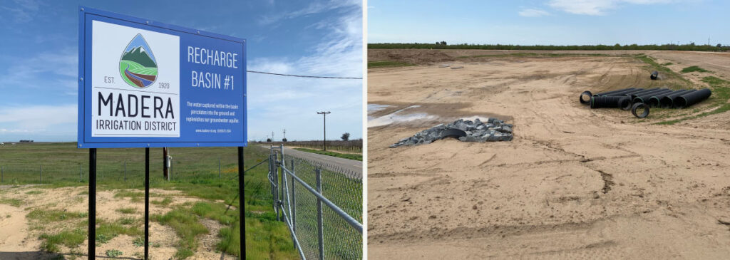 A recharge basin undergoing maintenance, right, in Madera Irrigation District in the San Joaquin Valley. Richard Luthy