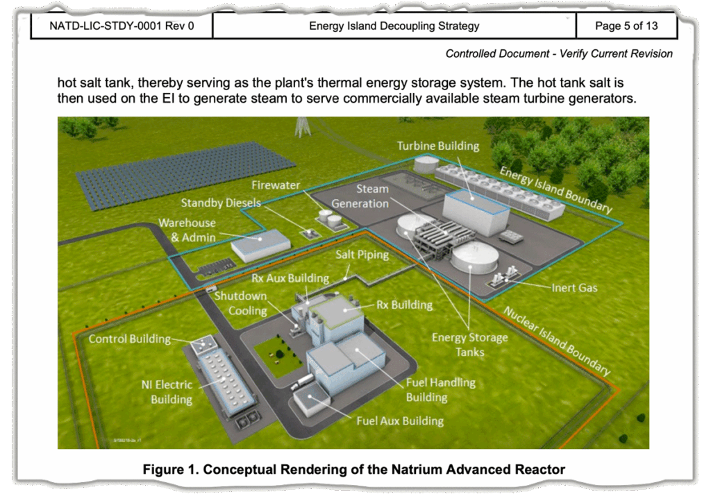 An image from February 2022 TerraPower filing to the Nuclear Regulatory Commission, illustrating a safety-driven design separating a “nuclear island” containing the reactor and supporting systems from the “energy island” housing heated water tanks, steam generator and turbine system for generating electricity. 