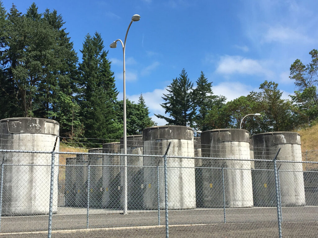 Spent nuclear fuel storage on the site of the former Trojan Nuclear Power Plant in Oregon. The plant predated a 1980 voter-approved law barring new reactors without a permanent waste disposal plan.