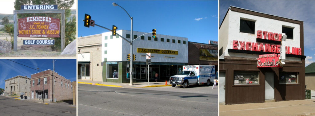 Scenes from Kemmerer, Wyoming, clockwise from top left: town sign; the original JC Penney store; the Stock Exchange Club bar; stone and masonry buildings in downtown; 