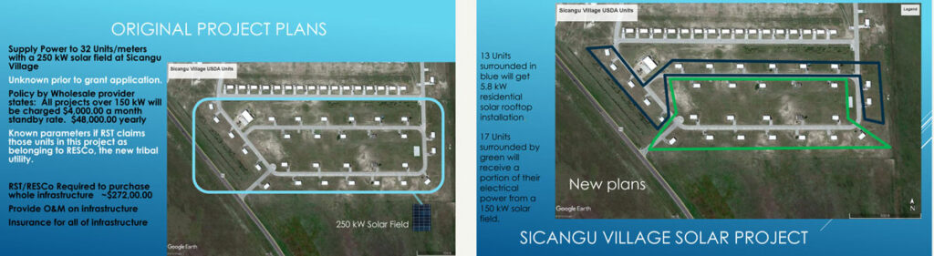 The Sicangu Village Solar Project on the Rosebud Indian Reservation in South Dakota was forced to scale down from 250 kilowatts, left, to 149 kilowatts because of a state law that would charge $4,000 a month for projects 150 KW and above. Powerpoint slides show an aerial view of the site before and after the reduction.