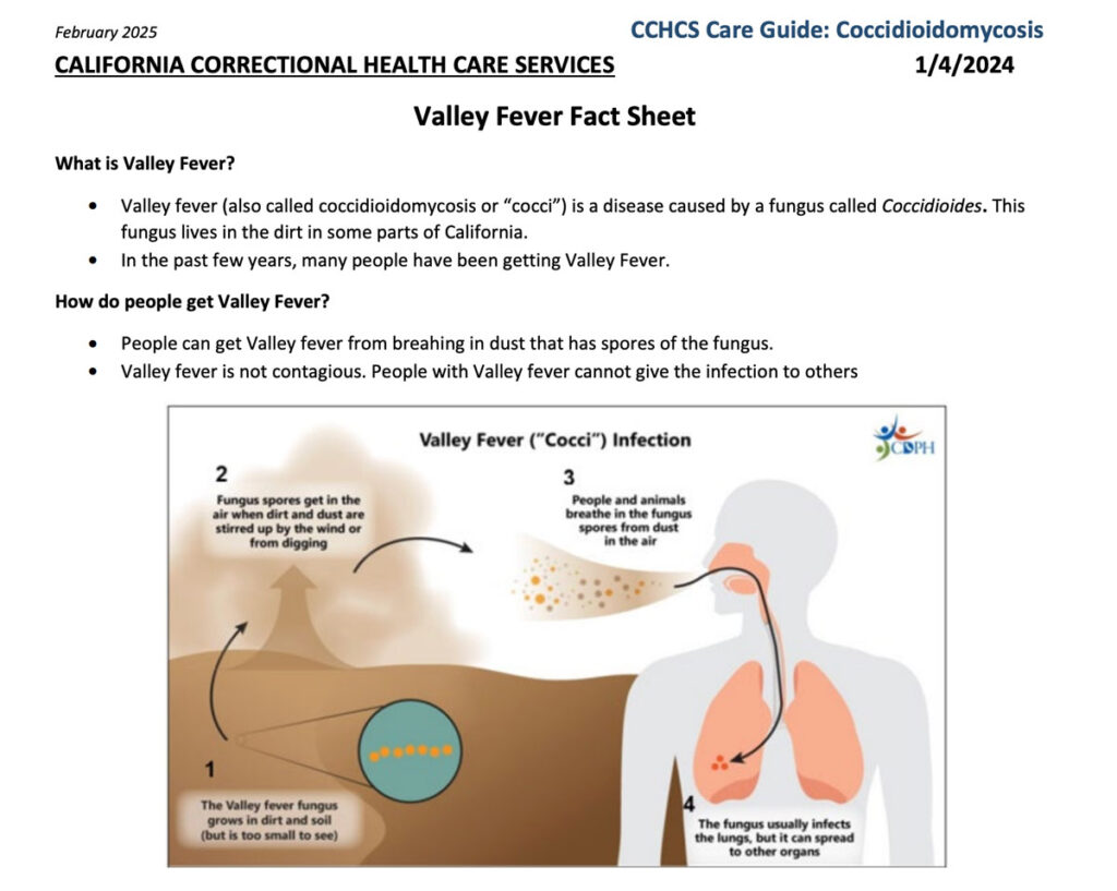 Detail from Valley fever guide distributed to prison medical staff. California Correctional Health Care Services