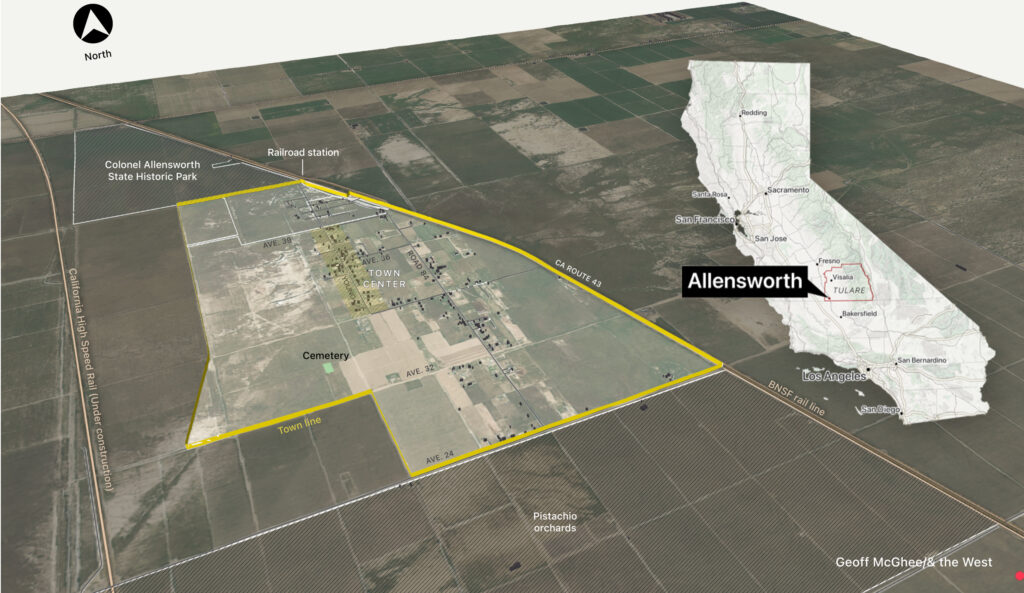 Plan-oblique map showing bird's eye view of Allensworth and its city limits surrounded by farm fields and scrub in southwestern Tulare County. The town is ringed by the future California High Speed Rail tracks on the west and California route 43 and a BNSF rail line (also used by Amtrak service) on the east. The Colonel Allensworth State Historical Park lies on the north, partly inside and outside the town line.