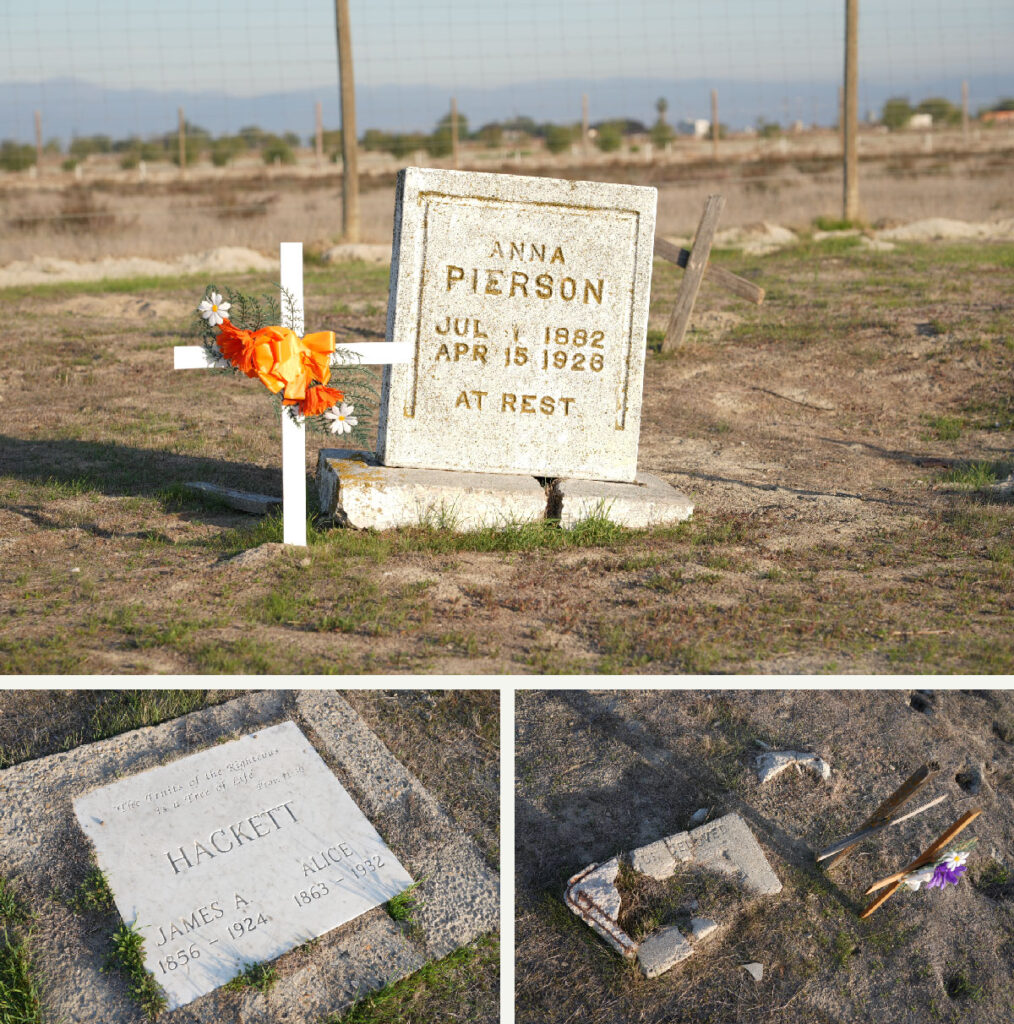 Three images, clockwise from right: cemetery headstone reading "Anna Pearson, Jul 1 1882 - Apr 15 1928, At rest"; "HACKETT, James A. 1856-1924, Alice, 1863-1932", a thrid headstone that has crumbled into rubble against the surrounding dirt and grass.