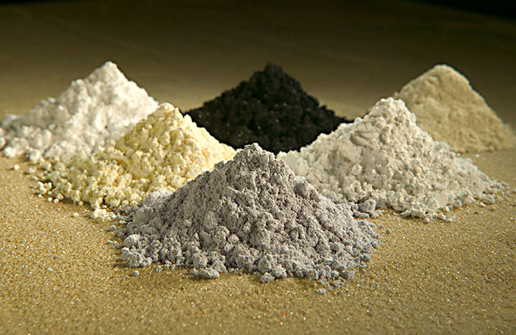 Rare earths oxides, clockwise from top center: praseodymium, cerium, lanthanum, neodymium, samarium, and gadolinium. Peggy Greb via US Department of Agriculture