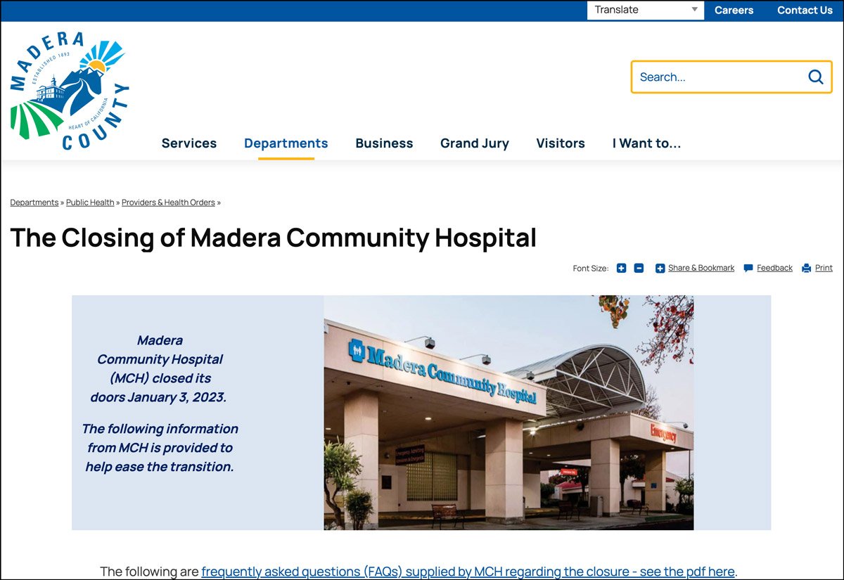 Madera County website announcement of hospital closure in 2023. Madera County